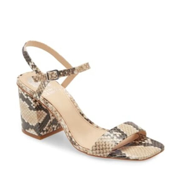 Vince Camuto Womens Black Tan Snakeskin Leather Block Heeled Sandals Sz 8 New - Picture 1 of 13